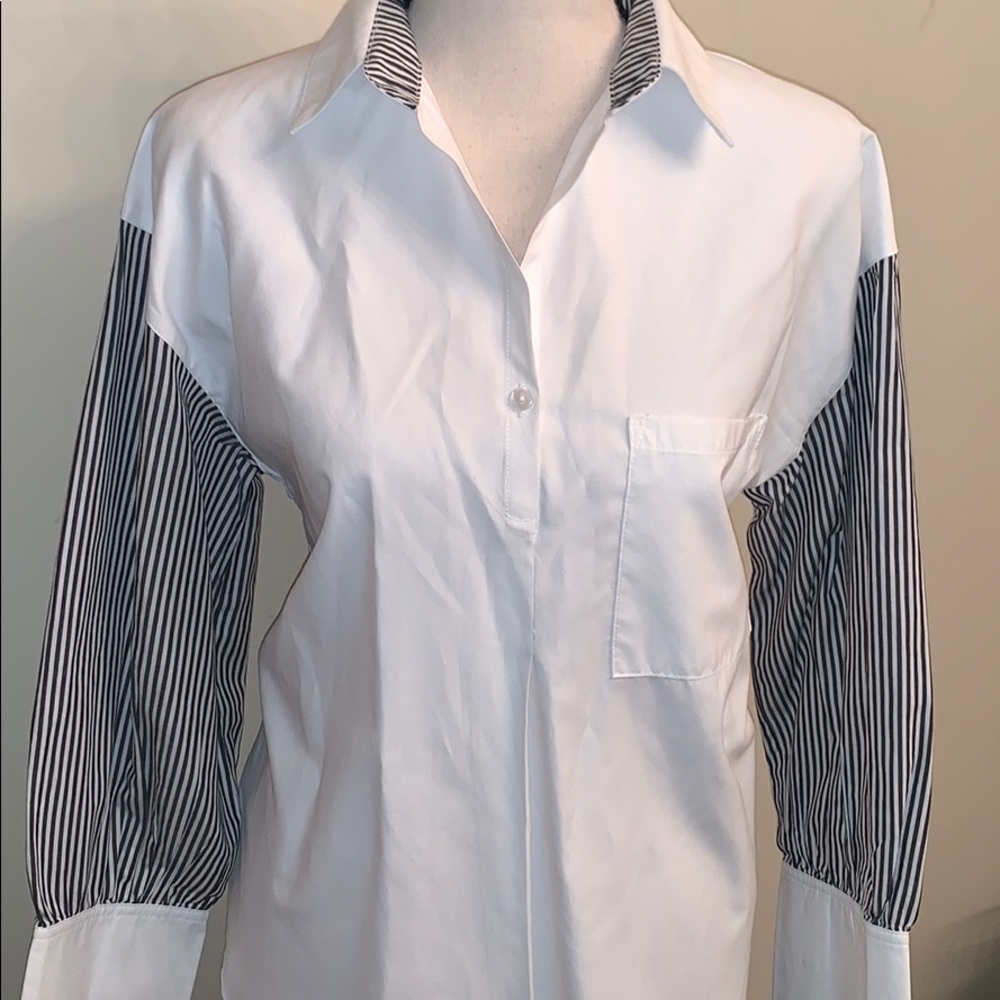 White Partial Button Striped Sleeve W/ Button Cuff